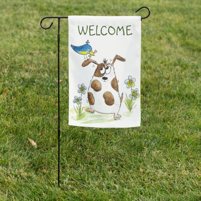 Whimsical Spotted Dog with Bird Garden Flag (In SItu)