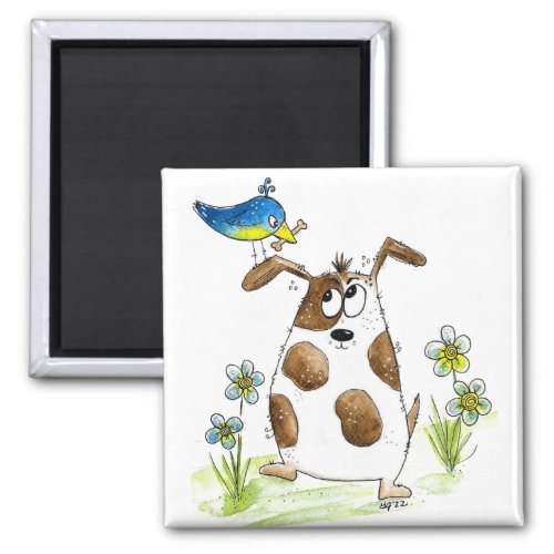 Whimsical Spotted Dog with Bird Magnet