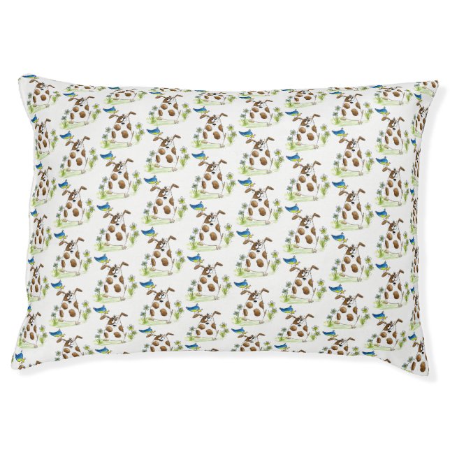 Whimsical Spotted Dog with Bird Pet Bed (Front)