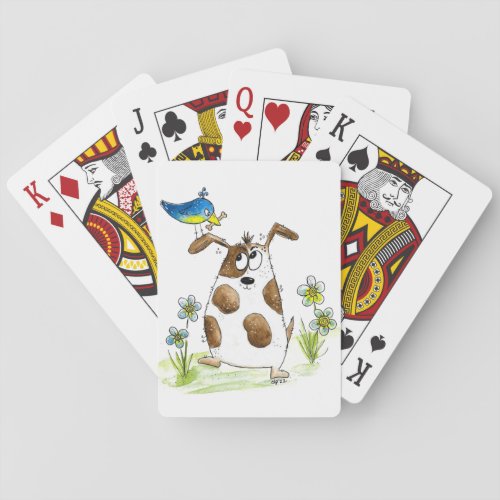 Whimsical Spotted Dog with Bird Poker Cards