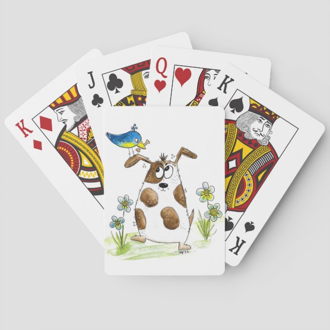 Whimsical Spotted Dog with Bird Poker Cards (Back)