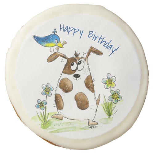 Whimsical Spotted Dog with Bird Sugar Cookie