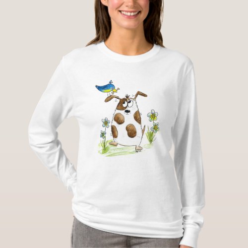 Whimsical Spotted Dog with Bird T_Shirt