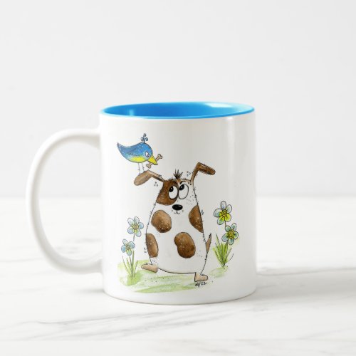 Whimsical Spotted Dog with Bird Two_Tone Coffee Mug