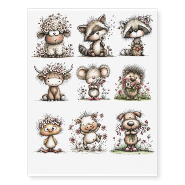 Whimsical Spring animals Temporary Tattoos (Front)