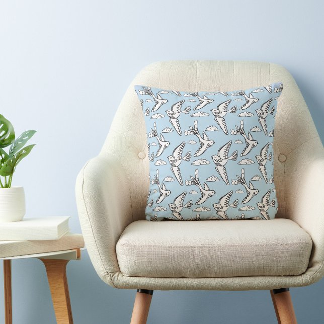 Whimsical spring birds blue pillow (Creator Uploaded)