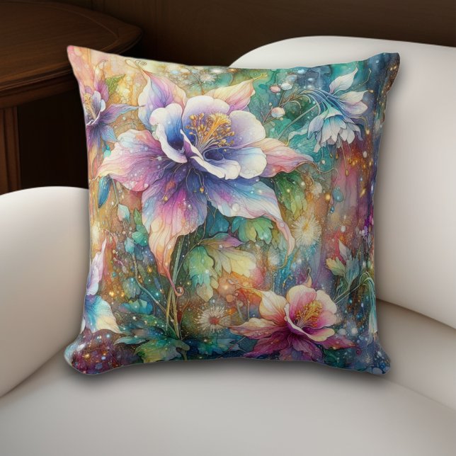Whimsical Spring Columbines Floral Watercolor  Throw Pillow (Creator Uploaded)