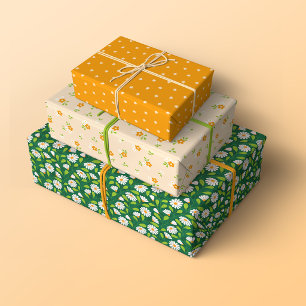 Whimsical Spring Daisies, Vines and Dots Patterns Wrapping Paper Sheets