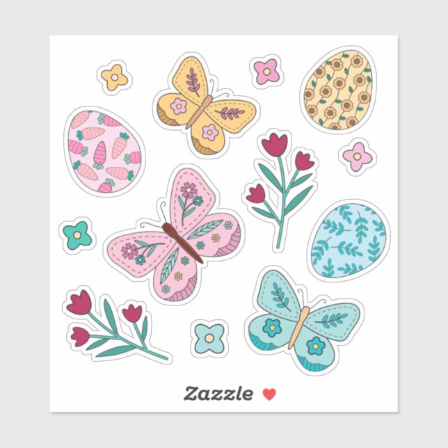 Whimsical Spring Floral, Butterfly and Easter Eggs Sticker (Sheet)