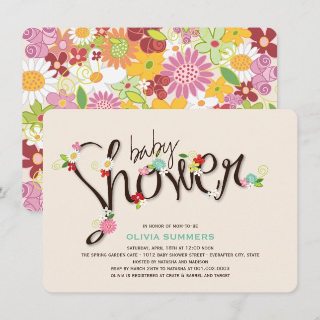 Whimsical Spring Flowers Chic Girl Baby Shower Invitation (Front/Back)