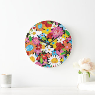 Whimsical Spring Flowers Colorful Garden Floral Large Clock