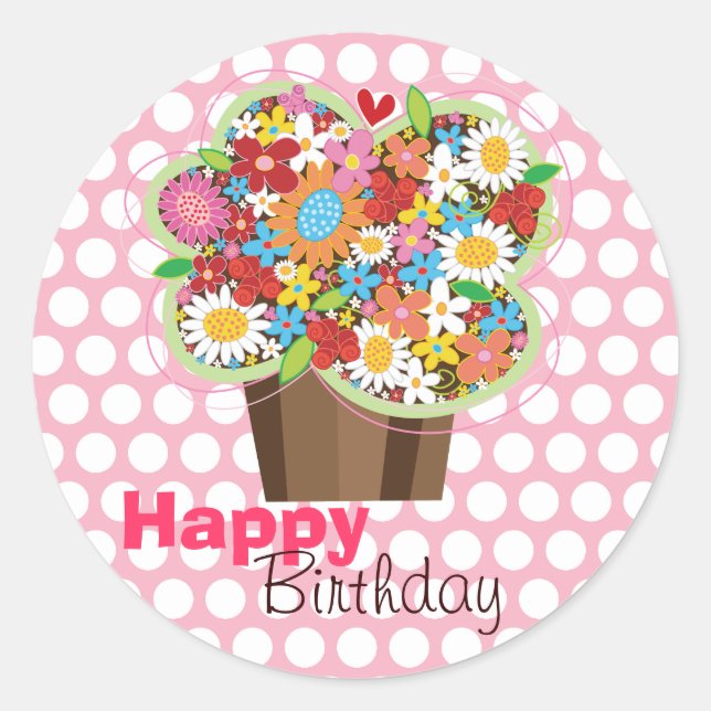 Whimsical Spring Flowers Cupcake Birthday Sticker (Front)
