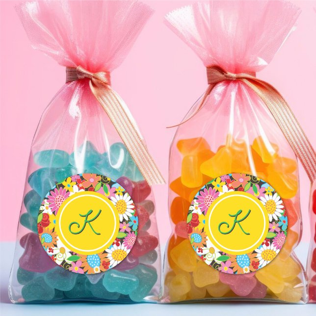 Whimsical Spring Flowers Garden Birthday Monogram Classic Round Sticker (Chic Spring Flowers Garden Kid's Birthday Party Favor Monogram Sticker / Envelope Seal @ fat_fa_tin)