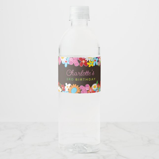 Whimsical Spring Flowers Garden Birthday Party Water Bottle Label (Front)