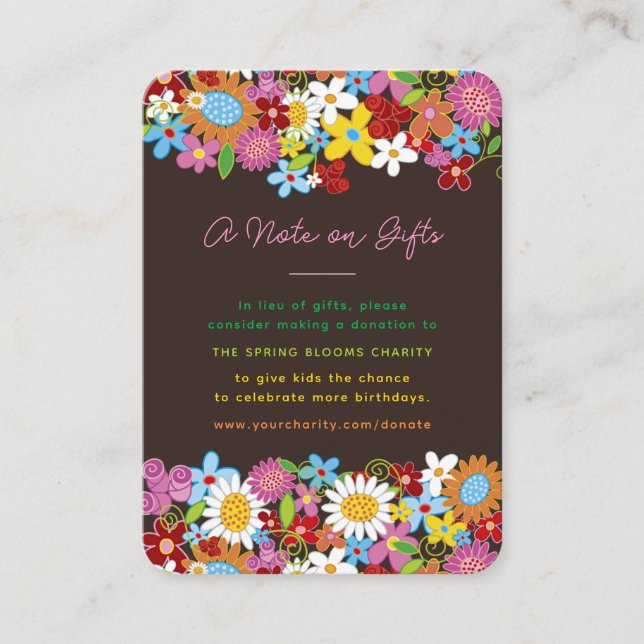 Whimsical Spring Flowers Garden In Lieu Of Gift Place Card (Front)