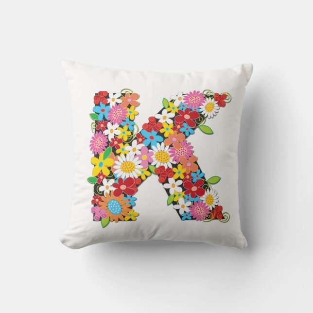 Whimsical Spring Flowers Garden Monogram Pillow (Front)