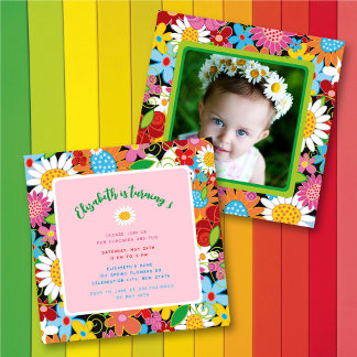Whimsical Spring Flowers Girl Birthday Party Photo Invitation