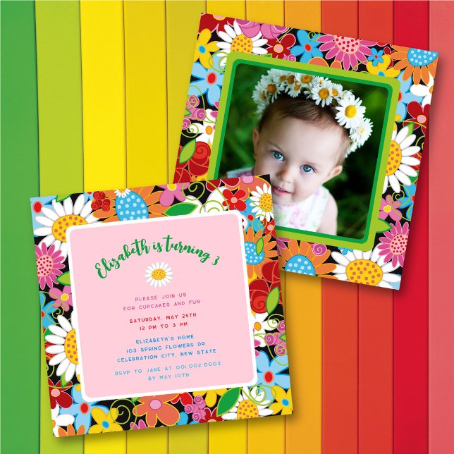 Whimsical Spring Flowers Girl Birthday Party Photo Invitation (Creator Uploaded)