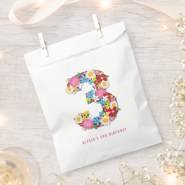 Whimsical Spring Flowers Girl's 3rd Birthday Party Favor Bag (Clipped)