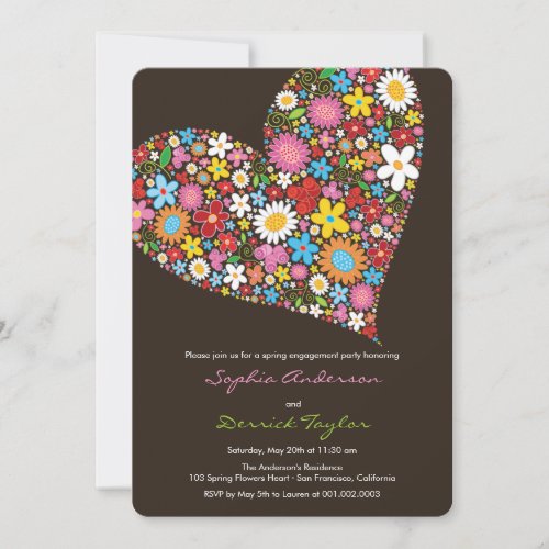 Whimsical Spring Flowers Heart Engagement Invite