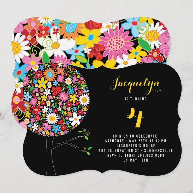 Whimsical Spring Flowers Pop Tree Birthday Party Invitation (Front/Back)
