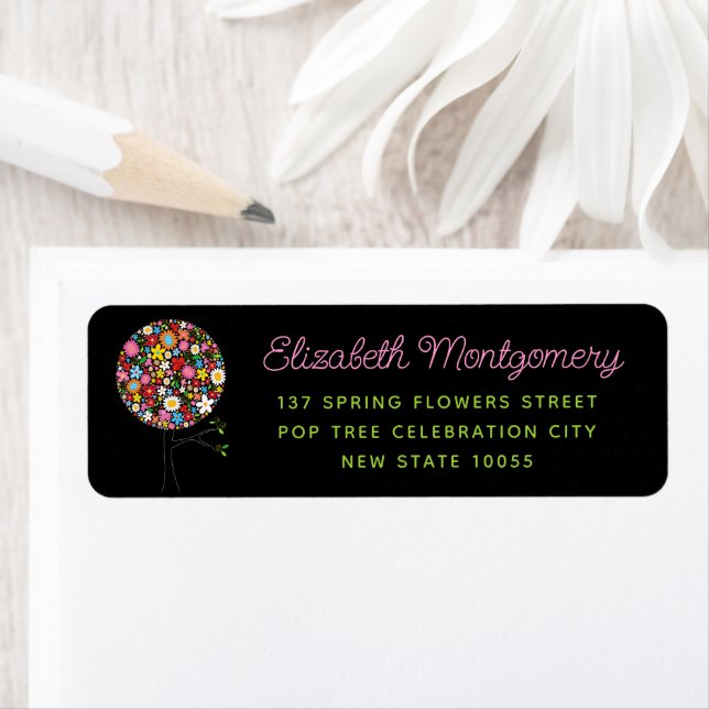 Whimsical Spring Flowers Pop Tree Colorful Address Label (Insitu)