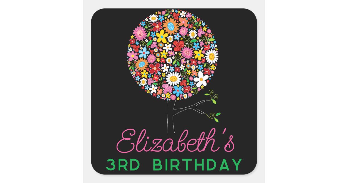 Whimsical Spring Flowers Pop Tree Kid Birthday Square Sticker | Zazzle