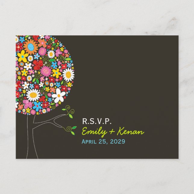 Whimsical Spring Flowers Pop Tree Wedding RSVP Invitation Postcard (Front)
