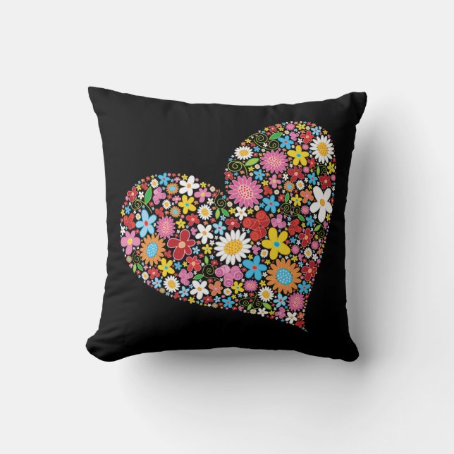 Whimsical Spring Flowers Valentine Cute Heart Love Throw Pillow (Front)