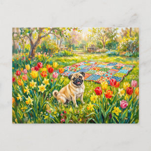 Whimsical Spring Garden Mops Dog Illustration Holiday Postcard