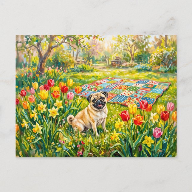 Whimsical Spring Garden Mops Dog Illustration Holiday Postcard (Front)