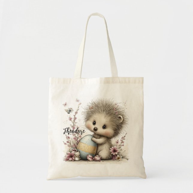 Whimsical Spring Hedgehog Illustration Tote Bag (Front)