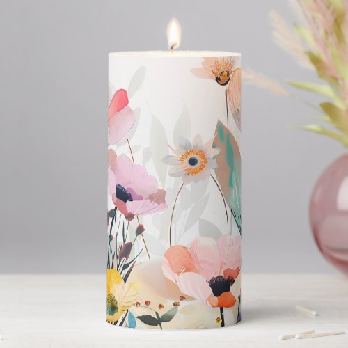 Whimsical Spring Poppies Pastel Watercolor Design Pillar Candle