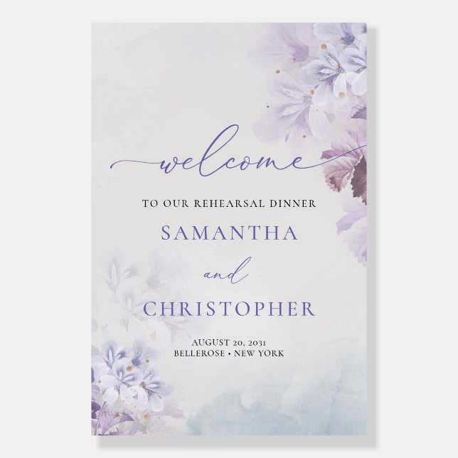 Whimsical spring purple flowers rehearsal dinner foam board (Front)