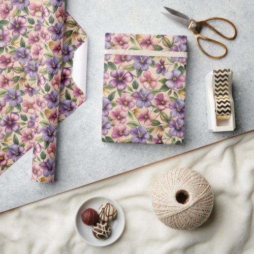 Whimsical spring purple mauve pink violets wrapping paper