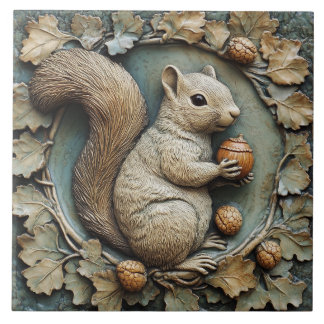 Whimsical Squirrel & Acorns Faux Relief Ceramic Tile