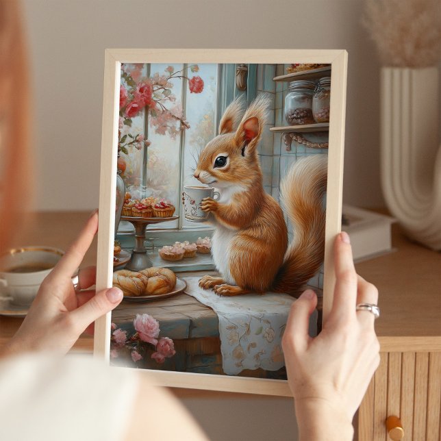 Whimsical Squirrel Drinking Tea Café Art Print (Creator Uploaded)