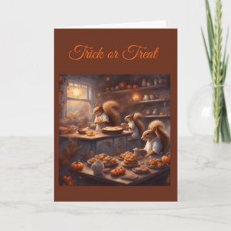 Whimsical Squirrel Family Bakes Cookies Halloween Card