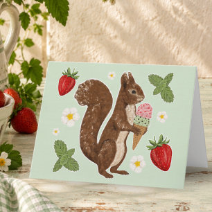 Whimsical Squirrel Ice Cream Strawberry Note Card