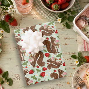 Whimsical Squirrel Ice Cream Strawberry Pattern Wrapping Paper Sheets