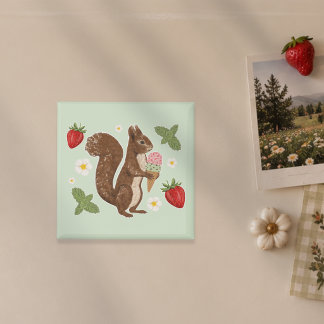 Whimsical Squirrel Ice Cream Strawberry Woodland Magnet