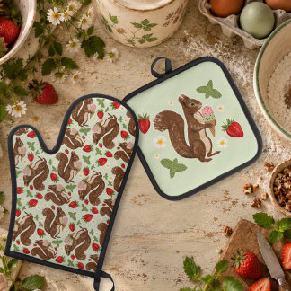Whimsical Squirrel Ice Cream Strawberry Woodland Oven Mitt & Pot Holder Set