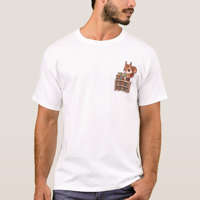 Whimsical Squirrel Librarian Reading T-Shirt (Front)