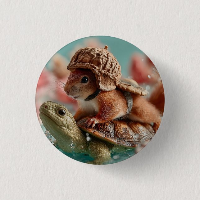 Whimsical Squirrel Riding a Turtle  Button (Front)