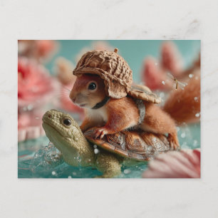 Whimsical Squirrel Riding a Turtle Holiday Postcard
