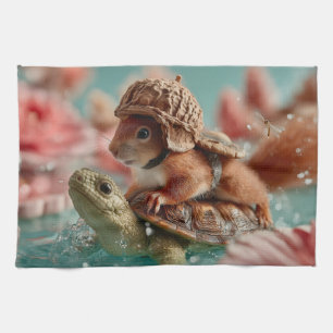 Whimsical Squirrel Riding a Turtle Kitchen Towel