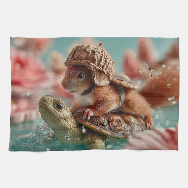 Whimsical Squirrel Riding a Turtle  Kitchen Towel (Horizontal)