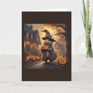 Whimsical Squirrel Witch holding Halloween Card