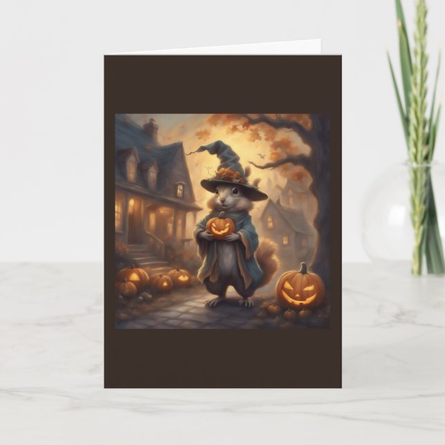 Whimsical Squirrel Witch holding Halloween Card (Front)