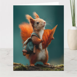 Whimsical Squirrel with a Backpack and Autumn Leaf Card